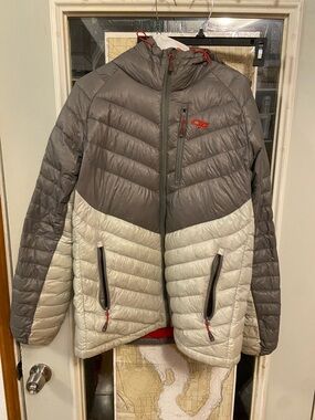 Outdoor Research Gray & Light Gray Hooded Puffer Jacket with Red Accents